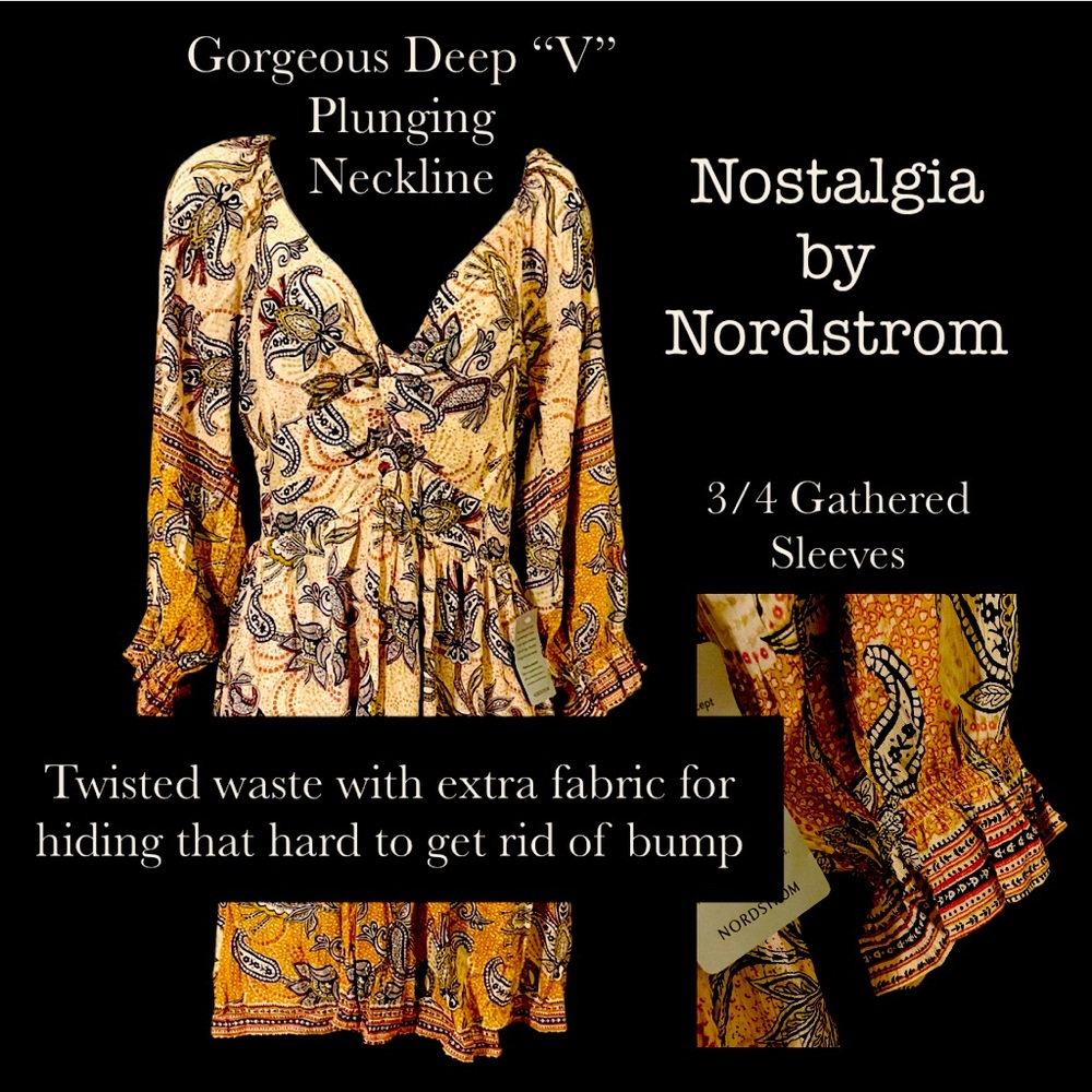 NOSTALGIA by NORDSTROM Sweet Golden Paisley NWT 3/4 sleeve 3 season dress